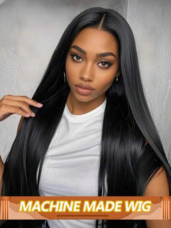 Perruques en cheveux humains à partie en V droite, fabriquées à la machine. Perruque noire naturelle à partie en V en cheveux humains sans colle, prête à porter pour femmes, densité de 180%