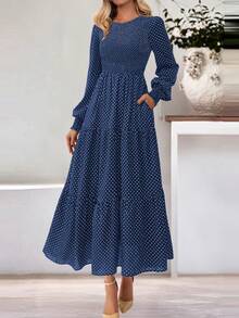 Women Floral Long Sleeve High Waist Polka Dot Smocked A-Line Flowy Boho Maxi Dresses Spring Fall Autumn Holiday Vacation Valentine Dress Outfits - 藍色波點 - 查看 3