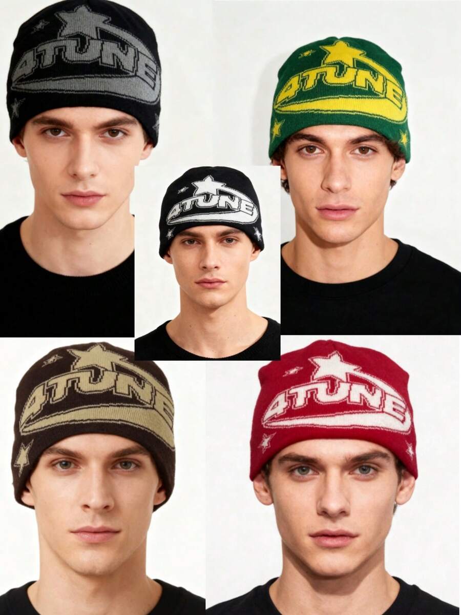 1pc These Men's Knit Beanies With Bold Lettering And Star Patterns Come In Multiple Colors, Offering A And Warm Design, Making Them Ideal Fashion-Forward Winter Headwear - Multicolor - View 1