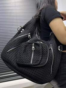 Y2K Street Style Personalized Women's Nylon Spliced Shoulder Bag, Large Capacity, Rivet Decorated Crossbody Bag, Multi Compartment Design - Black - View 5