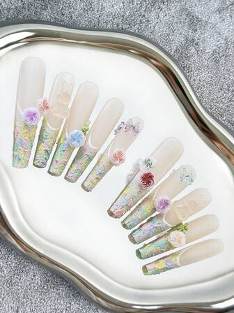 56MM Extra-Long Coffin Nails French Handmade Press-On Nails With Floral & Butterfly Charms, Hand-Painted Oil Painting Artistic Patterns & 3D Y2K Color-Blocking Designs - Full Cover DIY Glitter Artificial Nails, False Nails For Dates, Parties, Gatherings, Events, Outings & Special Occasions - 10 Pieces/Bag