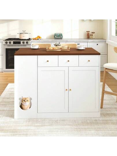 Kitchen Isl Trolley Sideboard Drawers Extendable Worktop, Spice Rack, Pet Feeding Area out Cat Bowl), Wit Walnut, 120*(40+30)*90 Cm view 3