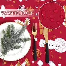 Weihnachtstischdecke, Waschbar, Knitterfrei, Tischdecke, dekorative Tischdecke, mit Schneemann,Hirsch,Weihnachtsbaum, knitterfreie,Tischset für Partys, Essen, Bankett im Freien - Schneemann 140x140cm - Übersicht 4