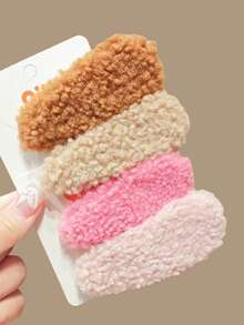 4个青少年可爱简约时尚毛绒珍珠发夹，百搭优雅温柔甜美女孩发饰，秋冬季 - 彩色 - 查看 2