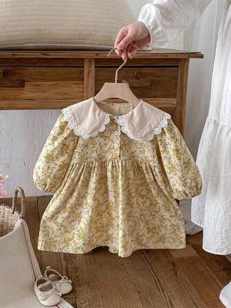 Baby Girls Ditsy Floral Ruffle Collar Princess Dress, Versatile Baby Girl Clothing, Spring New Arrival