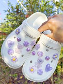 18pcs Purple Bear, Rose, Heart, Flower, Pentagram Detachable Decorative Accessories, Suitable For Sandals, Clogs, Garden Shoes, Beach Shoes, All Season, Great Holiday Gift