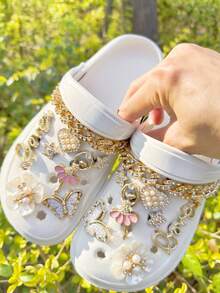 16pcs/Set Fashionable DIY Pink Rhinestone Ballet Angel Girl Charms, Pearl Heart, Star, Gold Glitter Butterfly, Faux Pearl Camellia Detachable Shoe Clips Decorations, Suitable For Beach Shoes, Hollow Sandals, Slippers, Clogs, All Seasons, Ideal Holiday Gift