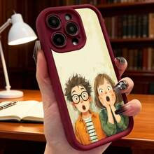 Cubierta de telefono con diseño de dibujos animados para iPhone 14 Pro Max color beige con pareja sorprendida ilustracion estilo anime para uso diario en biblioteca o casa Aplicable a teléfonos Apple y Galaxy. - Burdeos - Ver 2