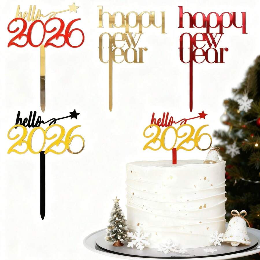 1pc/3pcs/6pcs Hello 2026 Gold Black Acrylic Cake Topper For Happy New Year Merry Christmas Party Cake Decoration Supplies
