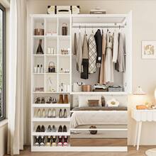 Bvldfamly Wardrobe Closet With All Mirror Doors & Drawers, Modern Wooden Bedroom Armoires With Hanging Rod & Open Shelves, Clothes Storage Cabinet For Bedroom, White - 白色 - 查看 4