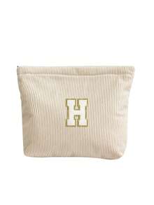 Nécessaire de viagem em veludo cotelê creme com letras bordadas - Estojo de maquiagem de grande capacidade em veludo cotelê com iniciais bordadas de A a Z, organizador de artigos de higiene pessoal com zíper, porta-pincéis de maquiagem, estojo portátil para lápis e artigos de papelaria, textura macia e acolchoada em veludo cotelê, nécessaire leve para mulheres, adolescentes e estudantes, essencial para a volta às aulas. - Bege - Ver 36