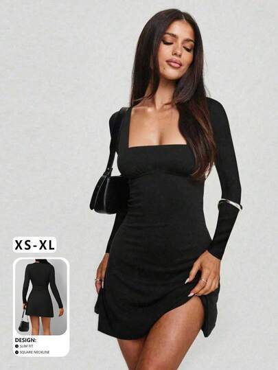 Vestido corto de manga larga con cuello cuadrado, busto fruncido y línea A, nuevo vestido de fiesta y uso diario para el otoño