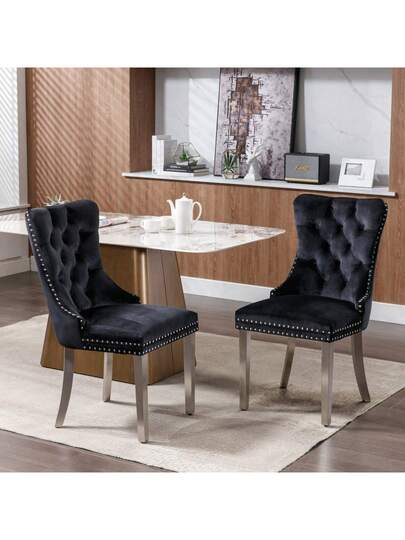 Furniture, Nikki Moderne Collection, High End Upholstered Solid Wood Contemporary Dining Stoel Chrome Stainless Steel Legs Nail Ornament, Set Of 2, Grijs Chrome, DE1701GY