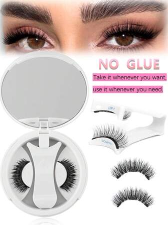 自然款磁性假睫毛套装 - 可重复使用的双面磁性假睫毛，配有涂抹器和镜子，易于佩戴和卸除，无需胶水，黑色人造睫毛，EMEDA 出品（自然款），方便旅行携带
