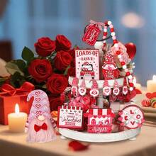 Set de 13 piezas de decoración para San Valentín: bandeja escalonada con gnomos de madera y corazón. Ideal para decorar el hogar o como recuerdo de fiesta. - Rosa Fucsia - Ver 6