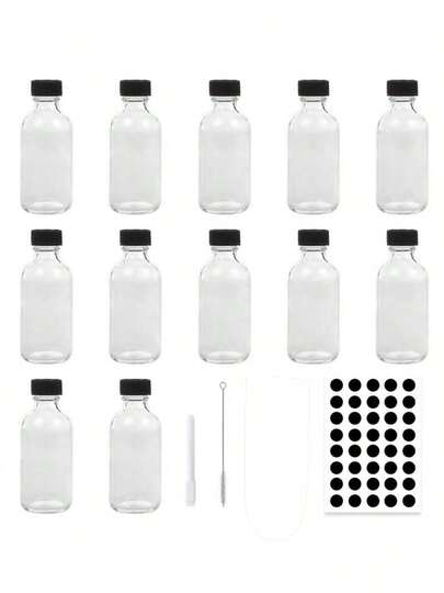 12pcs 2oz (60ml) Leak-Proof Sealed Glass Jars With Screw Caps And Labels - Reusable Durable Clear Bottles Suitable For Juices, Ginger Drinks, Health Beverages, Refrigerator & Dishwasher Friendly, Perfect For Home, Gym, Travel