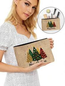 Christmas Tree Print Cosmetic Travel Bag - Stylish Spooky Cute Makeup Organizer For Holiday Travel | Reusable Polyester Makeup Pouch For Cosmetics, Lipstick, Phone Accessories | Lightweight Zipper Closure Bag - Perfect Christmas Gift, Bridal Shower, Wedding Accessory, Toiletry Bag, Travel Essentials | Festive Daily Use Cosmetic Case, - Multicolor - View 4