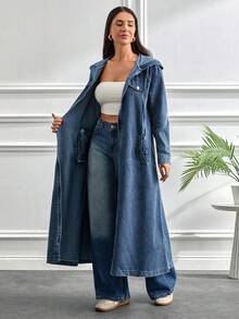 Women Long Sleeve Hooded Denim Trench Coat Casual Long Pattern Jean Jacket With Pockets And Drawstring - Blue - View 2