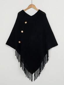 1pc Women Solid Color Button Tassel Knitted Poncho Shawl, Fashionable Casual Warm Wear For Vacation And Daily Use