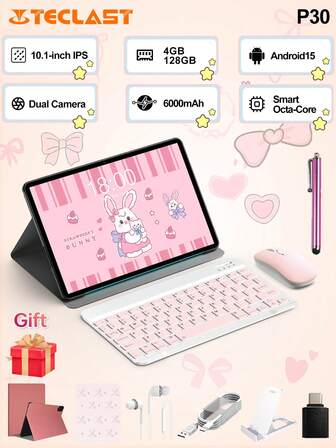  Tablet Teclast P30 de 10.1 pulgadas (Android 15, T606 de 8 núcleos, 12 GB (4 GB + 8 GB virtual) de RAM, 128 GB de ROM, pantalla IPS HD de 1280*800, WiFi, batería de 6000 mAh, carga tipo C, cámara frontal de 2 MP y cámara trasera de 5 MP) Tablet PC 2 en 1, con funda rosa, teclado inalámbrico rosa y ratón, accesorios de alfombrilla de ratón
