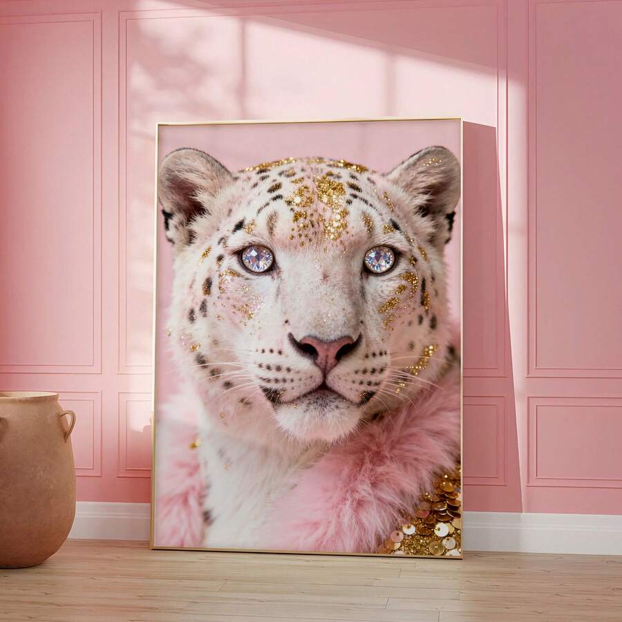 1幅粉色豹纹帆布墙画 | 时尚粉色装饰画，适用于卧室、客厅或办公室，海报，大学宿舍必备，送她的礼物，可选带框或不带框 - 彩色 - 查看 1