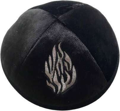 JDPRO LAND Judaical Velvet  For Men With Embroidery Of Fire Yamaka Hat Black Grey 7 Inch