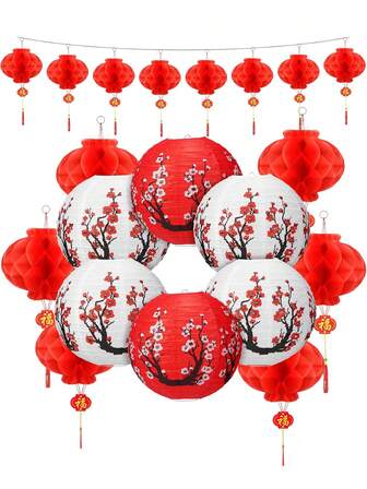 16pcs Chinese Paper Lanterns Set - Party Decorations Kit For Home - 6 Lanterns And 10 Red Chinese Lanterns Decors For New Year, Spring Festival, Wedding, Party, Wedding Occasion, Bridal Shower Occasion, Universal Occasion