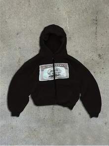 Y2K Unisex Retro Hoodie - Personalized Graphic Print, Street Style Long-Sleeved Pullover, Lucky Charm Graphic Print Pocket Zip-Up Jacket - 黑色 - 查看 1