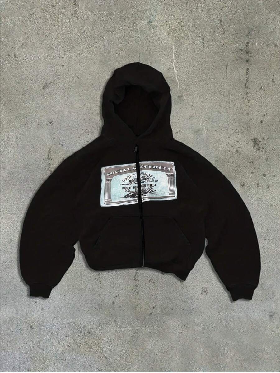 Y2K Unisex Retro Hoodie - Personalized Graphic Print, Street Style Long-Sleeved Pullover, Lucky Charm Graphic Print Pocket Zip-Up Jacket - 黑色 - 查看 1