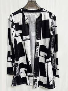 Women's Lightweight Geometric Print Jacket, Long Sleeve, Open Front, Casual/Date/Back To School/Commute, Autumn - Black - View 6