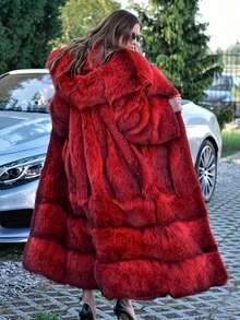 FHILLINUO 1pc Women's Faux Fur Hooded Long Coat, Oversized Loose Fit, Elegant Quality, Suitable For Holidays, Daily Wear, Travel, Tea Parties, Dates, Airports, Autumn/Winter - 酒紅色 - 查看 2