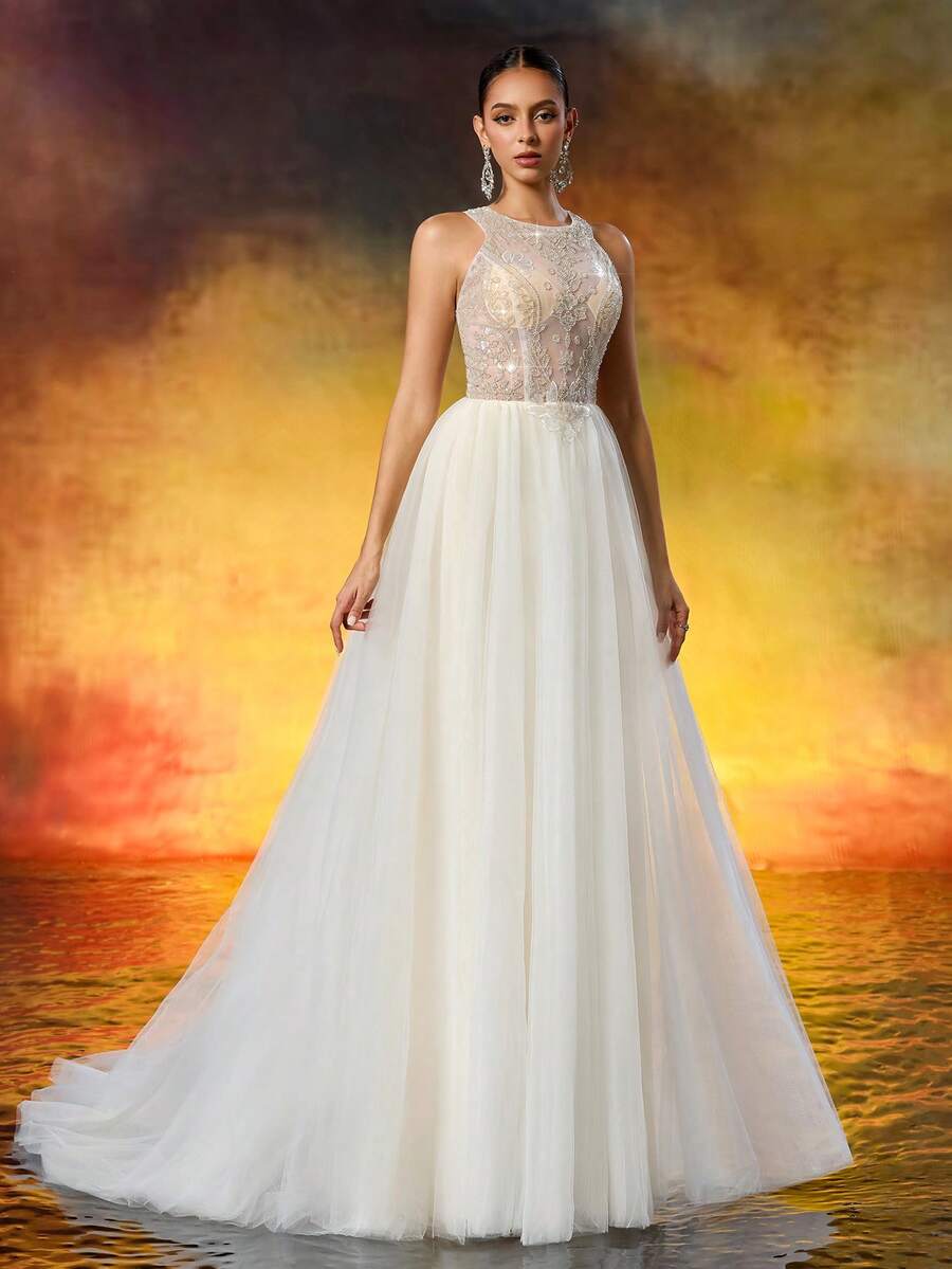 LVNES 2025 Romantic Ball Gown Ivory Wedding Dress, Illusion Neckline Sleeveless Intricate Lace Tulle Bridal Gown - White - View 1