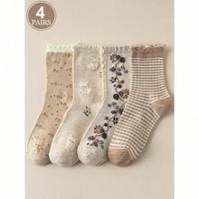 1/4 Pairs Beige Lace Ruffled Rabbit Print Stripe Pattern Breathable Cute Elastic Casual Student Moisture-Wicking Mid-Calf Socks For Women, Suitable For Easter, Fall - Multicolor - View 9