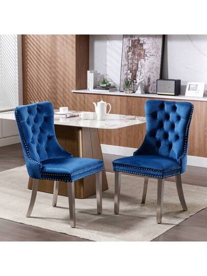 Furniture, Nikki Moderne Collection, High End Upholstered Solid Wood Contemporary Dining Stoel Chrome Stainless Steel Legs Nail Ornament, Set Of 2, Grijs Chrome, DE1701GY