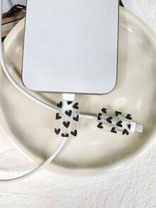 2pcs Heart Outline Print Data Cable Protectors Charger Protector - Black - View 4
