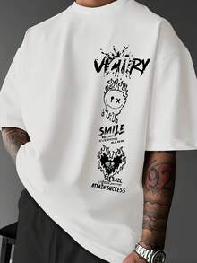 Men's Oversized Streetwear T-Shirt With "Victory &  Face" Slogan Print - Black And White Graffiti Design On The Back, Loose Casual Fit For Summer, Gym, Running Or Parties – Soft And Breathable Crew Neck Shirt (VICTORY/SMILE/RELAX!) - 白色 - 查看 1