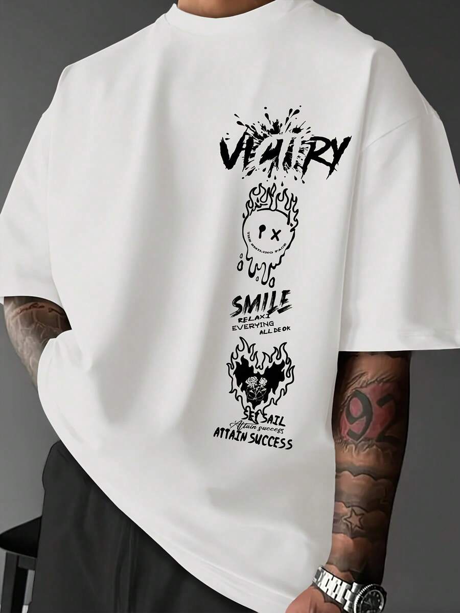 Men's Oversized Streetwear T-Shirt With "Victory & Face" Slogan Print - Black And White Graffiti Design On The Back, Loose Casual Fit For Summer, Gym, Running Or Parties – Soft And Breathable Crew Neck Shirt (VICTORY/SMILE/RELAX!) - 白色 - 查看 1