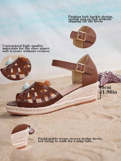 Women's Brown Leather Hollow-Out Breathable Fashion Casual Vacation Woven Straw Rope Platform Wedge Sandals