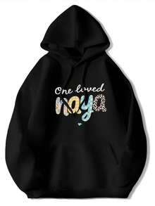 Men's One Lived NOYA Printed Hoodie - Black, Blue, Letter Pattern, And Leopard Print, Casual Long Sleeve Pullover Hoodie With Front Pocket 2QB9 - 黑色 - 查看 7