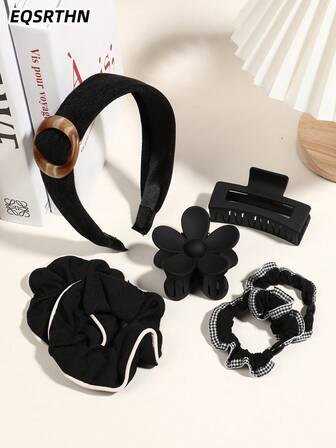 7pcs Black Hair Accessories Set, Headband, Hair Clips, Hair Ties, Simple & Fashionable Headpieces, Women's Daily Hair Decorations, Versatile Hair Accessories Set For Work, Commute, Outing, Claw Clips