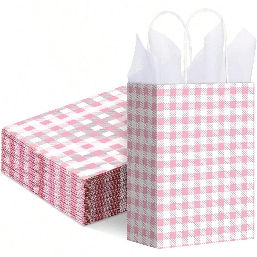 320 Pcs Pink Gift Bags With Handles Pink Gingham Party Plies Treat Goodie Bags With Tissue Paper For Baby Shower Decorations Birthday Party 6.2x3.1x8.3 In - 粉紅格子 - 查看 1