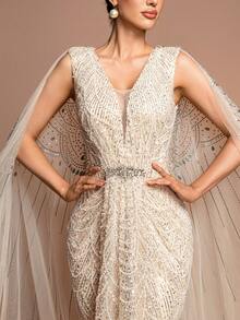 Elegant Women's Sleeveless V-Neck Maxi Formal Dress With Contrast Sequin And Mesh Details, Perfect For Party And Evening Events - 香檳色 - 查看 2