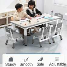 Conjunto de mesa y 6 sillas infantiles, mesa de manualidades y arte ajustable en altura con superficie decorada con grafitis, patas antideslizantes, ideal para niños de 2 a 10 años, mesa multiusos para aulas, guarderías y uso doméstico. - Gris - Ver 3