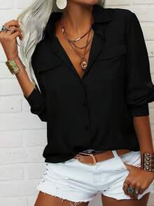 Elegant Women's Shirts, Women's Shirts, Party Tops, Minimalist Rural Style Women's Clothing, Club Tops, Holiday Clothing - 黑色 - 查看 1