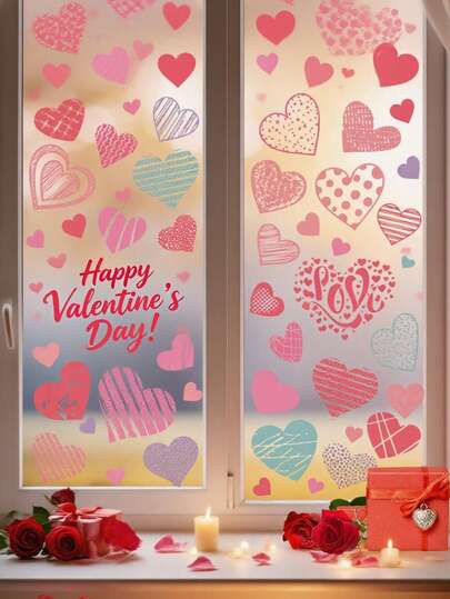 46 piezas de Pegatinas para ventanas del Día de San Valentín, Calcomanías de ventana con forma de corazón, Pegatinas de fondo atmosférico para ventanas, Pegatinas decorativas de vinilo extraíbles por ambos lados, Adecuadas para el hogar, Fiesta del Día de San Valentín, Boda, Aniversario, Decoración de Año Nuevo, Decoración interior y exterior