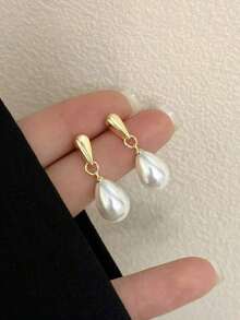 1pair Fashionable & Elegant Faux Pearl Drop Earrings In Simple Teardrop Design, Perfect For Parties And As A Versatile Gift For Women - Gold - View 7