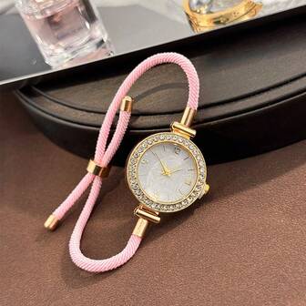 1pc Women's Colorful Nylon Pull-Out Chain Alloy Rhinestone Case Arabic Numeral Scale Print Dial Quartz Watch, New Christmas Gift