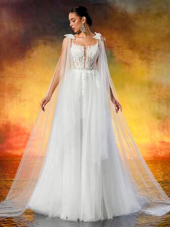 Sheer A-Line Wedding Dress, Lace Applique Spaghetti Strap, Fairy Style Bridal Gown, Sleeveless Elegant Floor-Length Dress