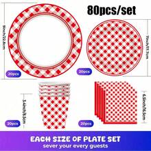 100/80/68/10 Set, Red And White Checkered Stripes, Disposable Party Plates, Paper Plates. Includes 7-Inch Plates, 9-Inch Plates, Paper Cups And Paper Towel Sets. Suitable For Multiple People, Disposable Tea Cups, Disposable Coffee Cups, Picnic Supplies, Birthday Parties, Camping, Decoration And Celebration Activities. Party Gifts, Bridal Gift Giving Event, Red, Red And White Stripes, Red And White Checks, Disposable Paper Plates. - 彩色 - 查看 9