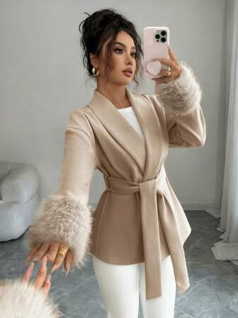 Women's Elegant Faux Fur Trim Tie-Front Collared Long Sleeve Woven Coat
